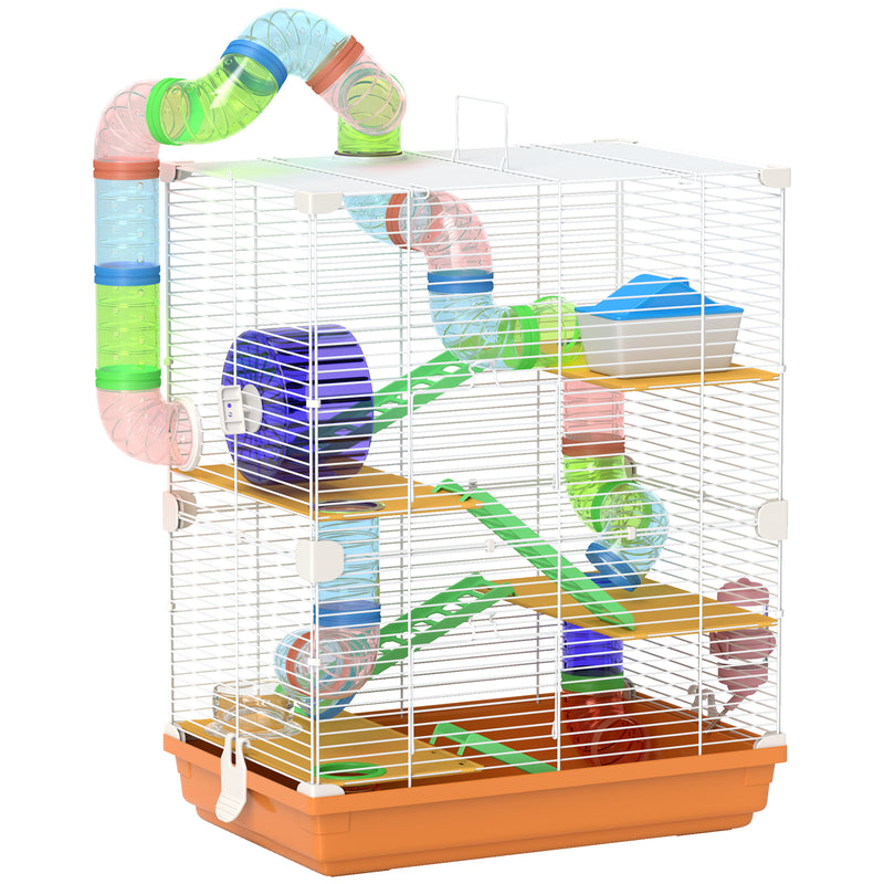 Pawhut 5 Tier Hamster Cage Carrier Habitat W/ Exercise Wheels, Orange