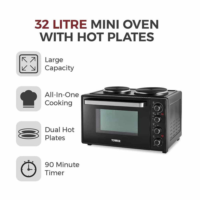 Tower Mini Oven with Hot Plates 32L  - Black