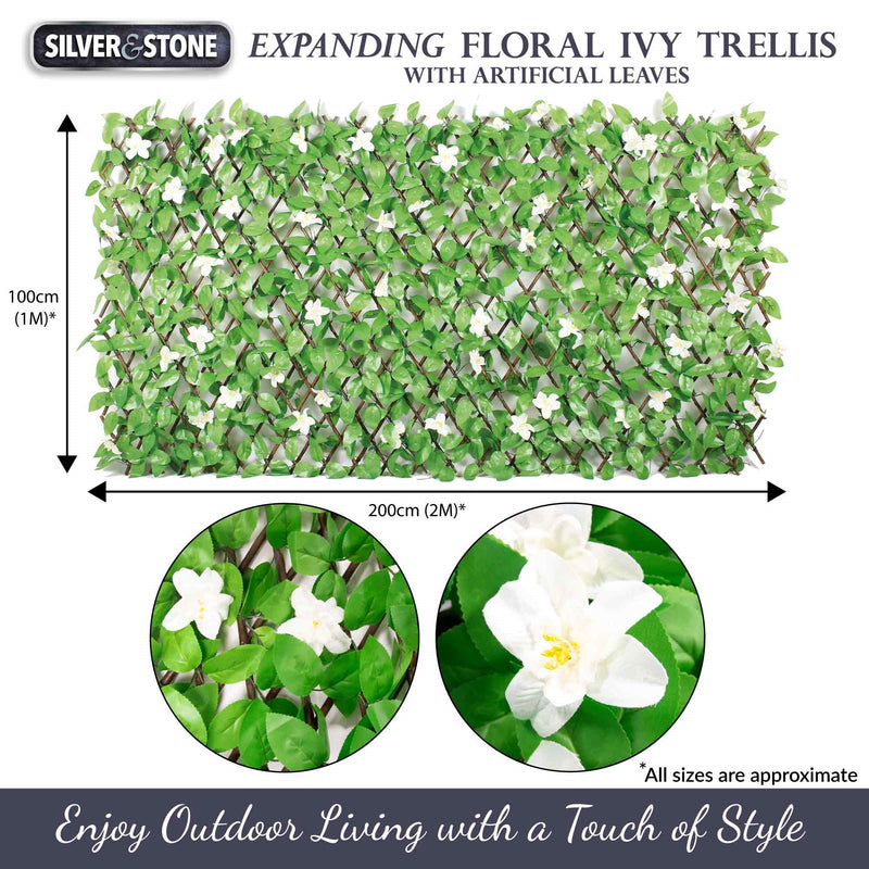 Silver & Stone Expanding White Floral Ivy Trellis with Artificial Leaves 2m x 1m