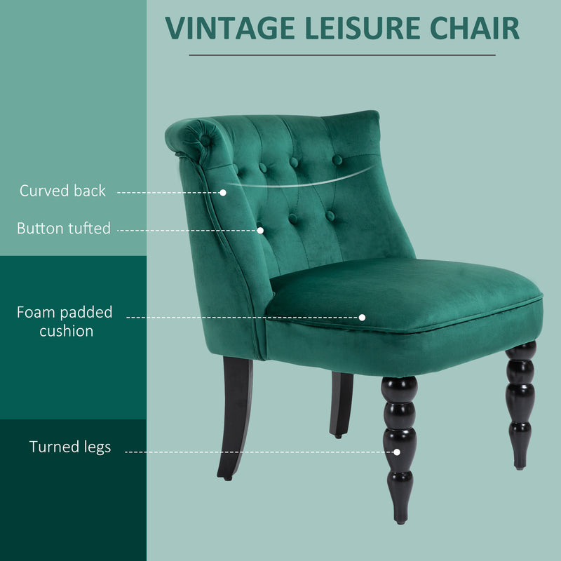 HOMCOM Velvet Accent Chair Tufted Wingback Chair w/ Rubber Wood Legs Dark Green