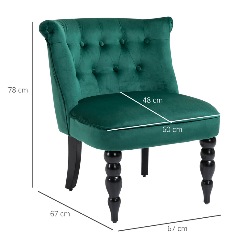 HOMCOM Velvet Accent Chair Tufted Wingback Chair w/ Rubber Wood Legs Dark Green