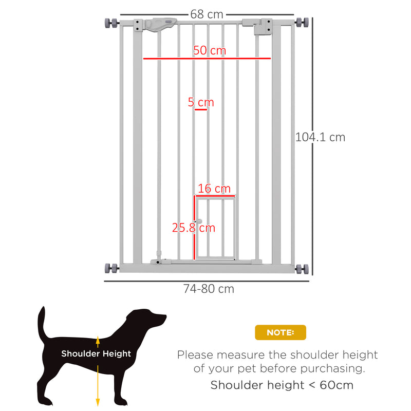 PawHut Extra Tall Dog Gate with Cat Door Auto Close for Stairs 74-80 cm Wide