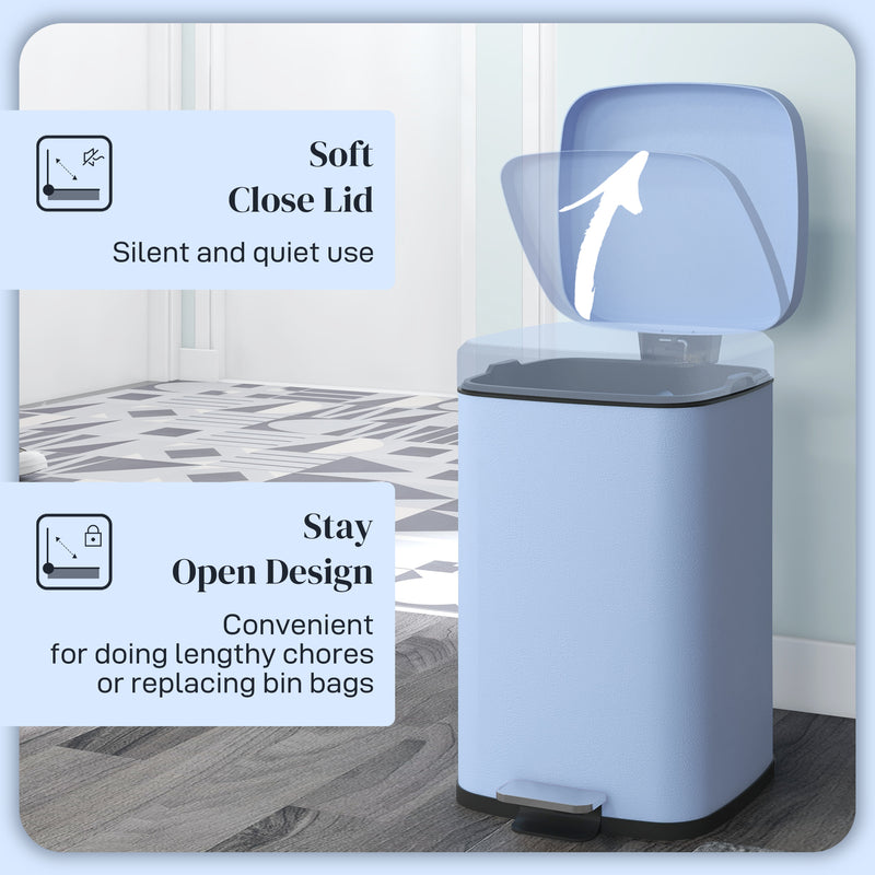 HOMCOM 20L Kitchen Pedal Bin, Metal Rubbish Bin with Soft-close Lid, Light Blue