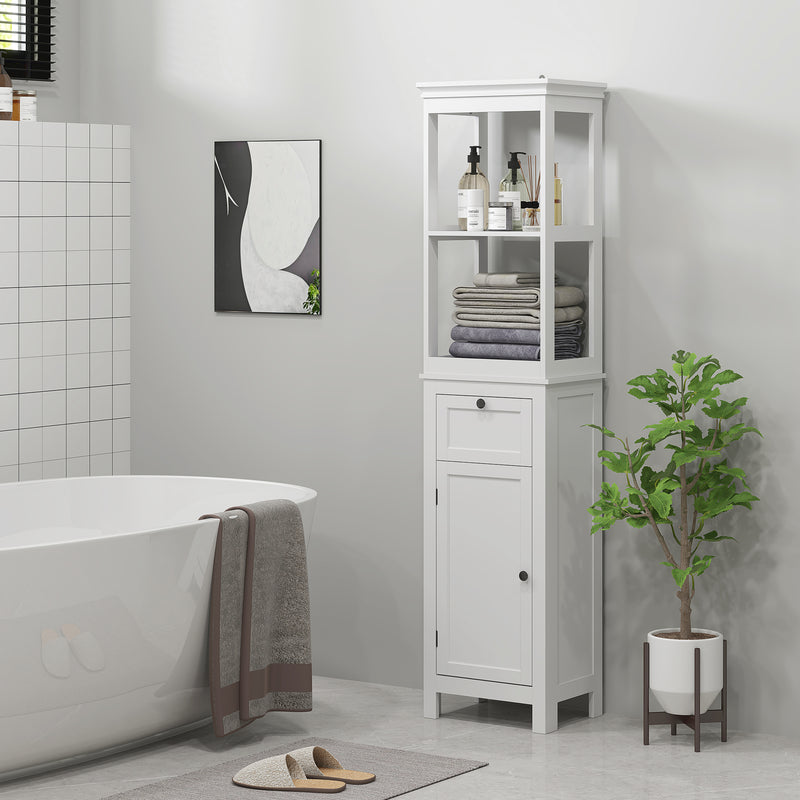 HOMCOM Slim Bathroom Storage Cabinet with Open Shelves and Drawer, White