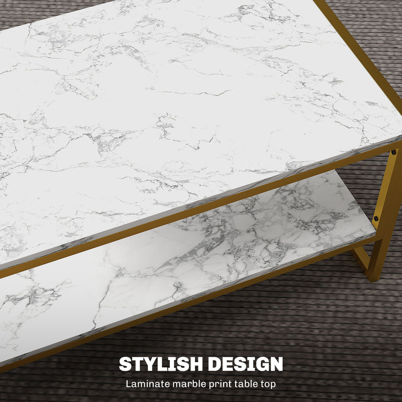 HOMCOM Two-Tier Coffee Table with Marble Effect Shelf and Metal Frame White