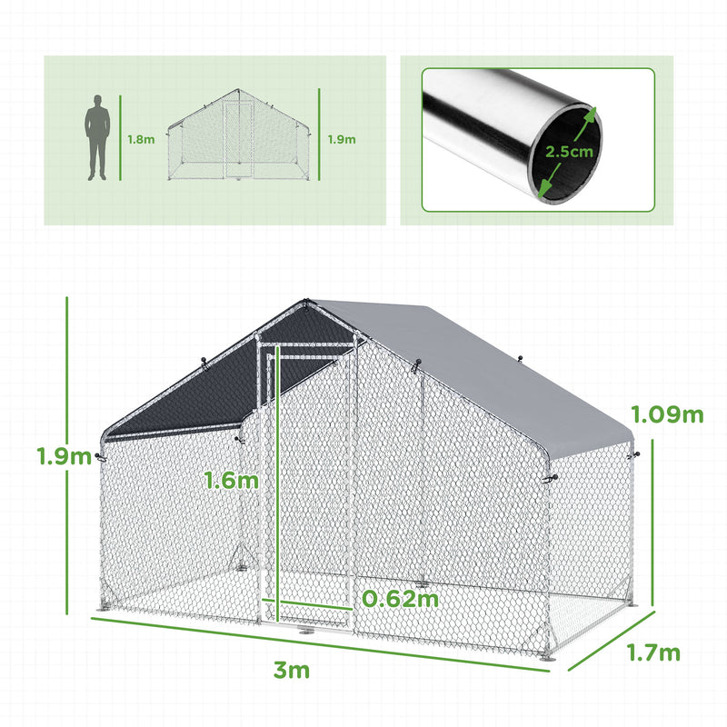 PawHut Walk In Chicken Run Large Galvanised Chicken Coop w/ Cover 3 x 1.7 x 1.9m