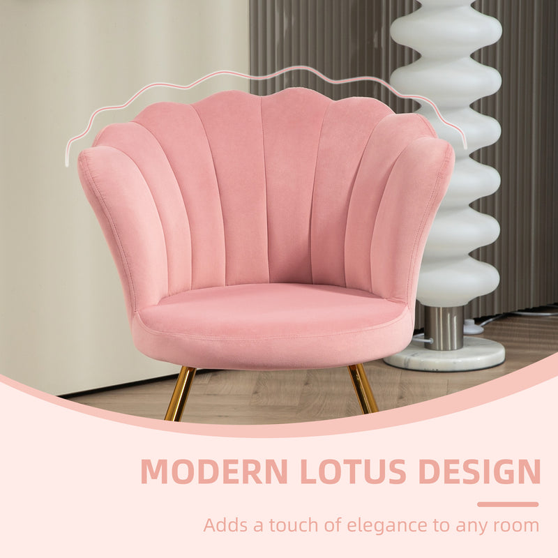 HOMCOM Pink Accent Chair, Velvet Armchair with Lotus Backrest, Steel Legs