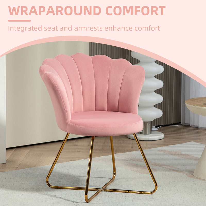 HOMCOM Pink Accent Chair, Velvet Armchair with Lotus Backrest, Steel Legs