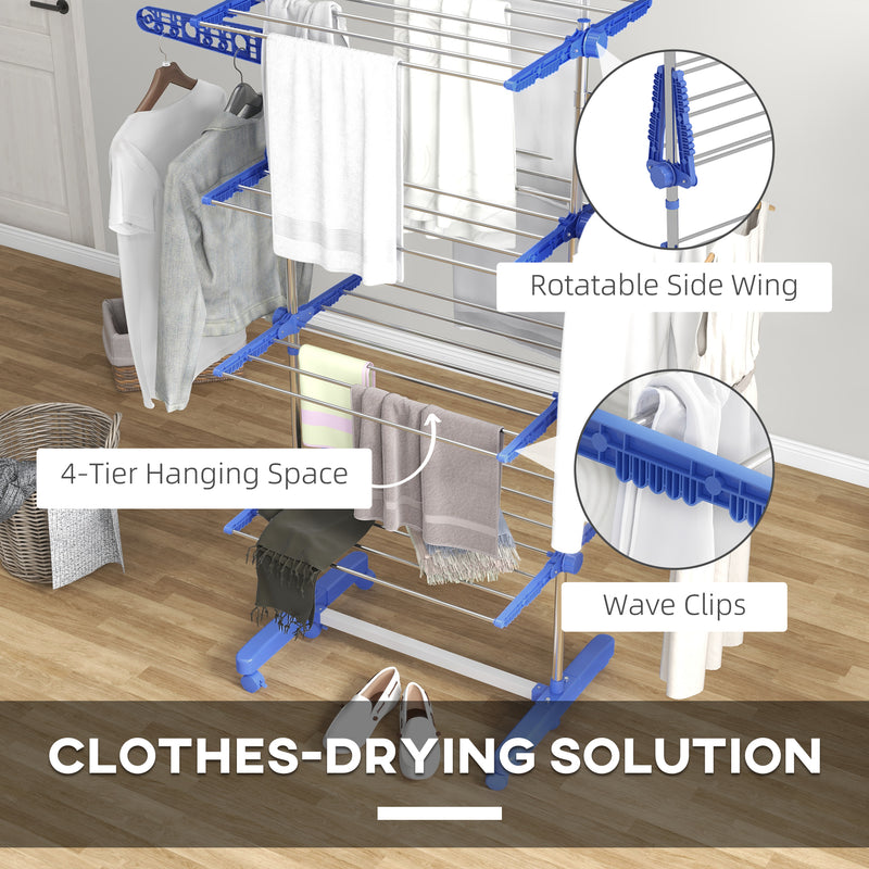 HOMCOM 4-Tier Large Clothes Airer Stainless Steel Clothes Drying Rack Blue