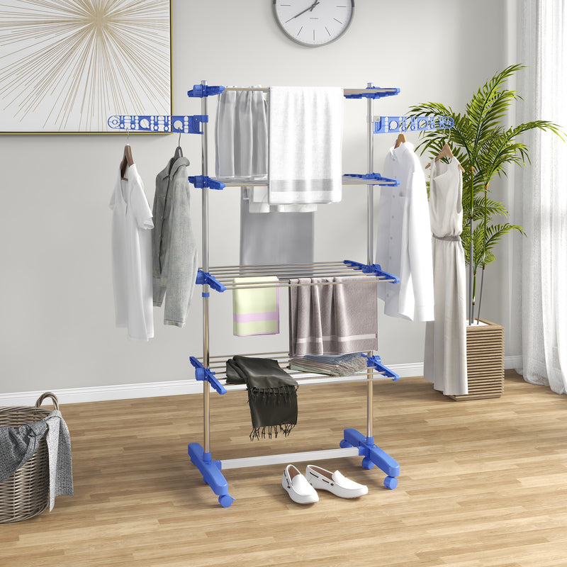 HOMCOM 4-Tier Large Clothes Airer Stainless Steel Clothes Drying Rack Blue