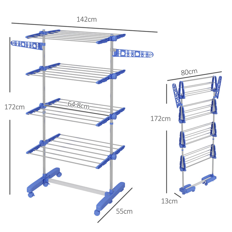 HOMCOM 4-Tier Large Clothes Airer Stainless Steel Clothes Drying Rack Blue