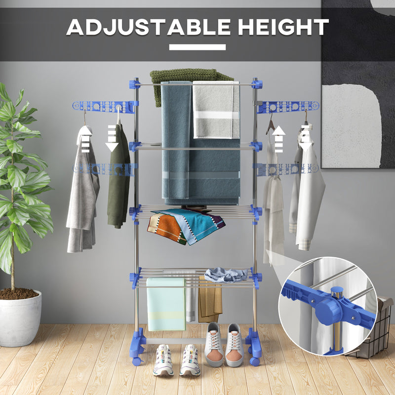 HOMCOM 4-Tier Large Clothes Airer Stainless Steel Clothes Drying Rack Blue