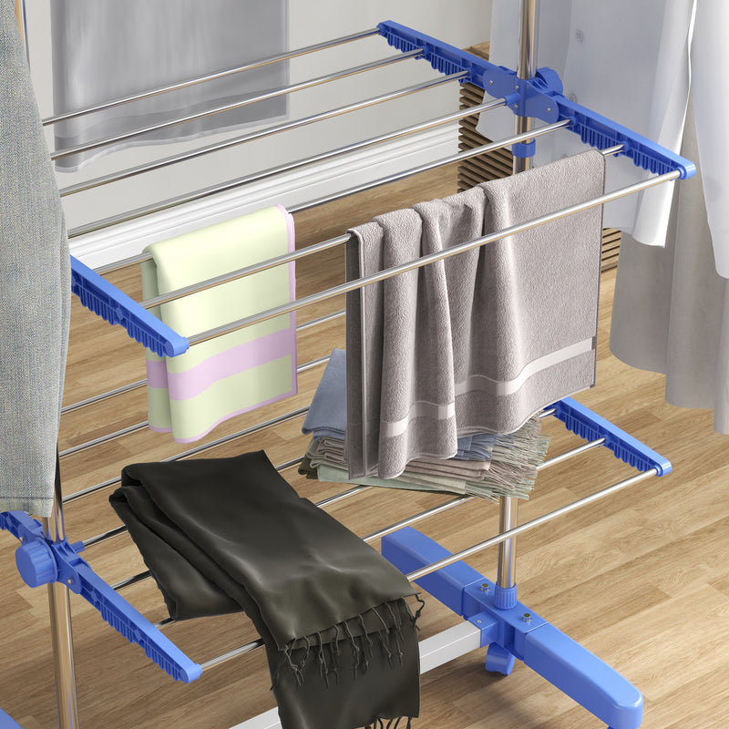 HOMCOM 4-Tier Large Clothes Airer Stainless Steel Clothes Drying Rack Blue