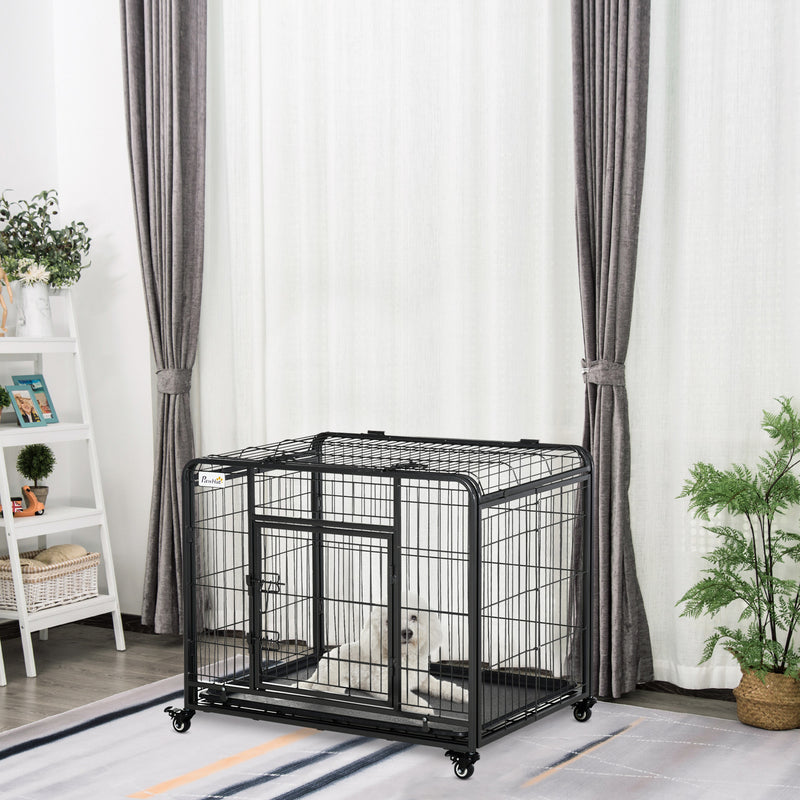 PawHut 69.5x94cm Metal Dog Cage Kennel w/ Locking Door & Wheels Medium Pets