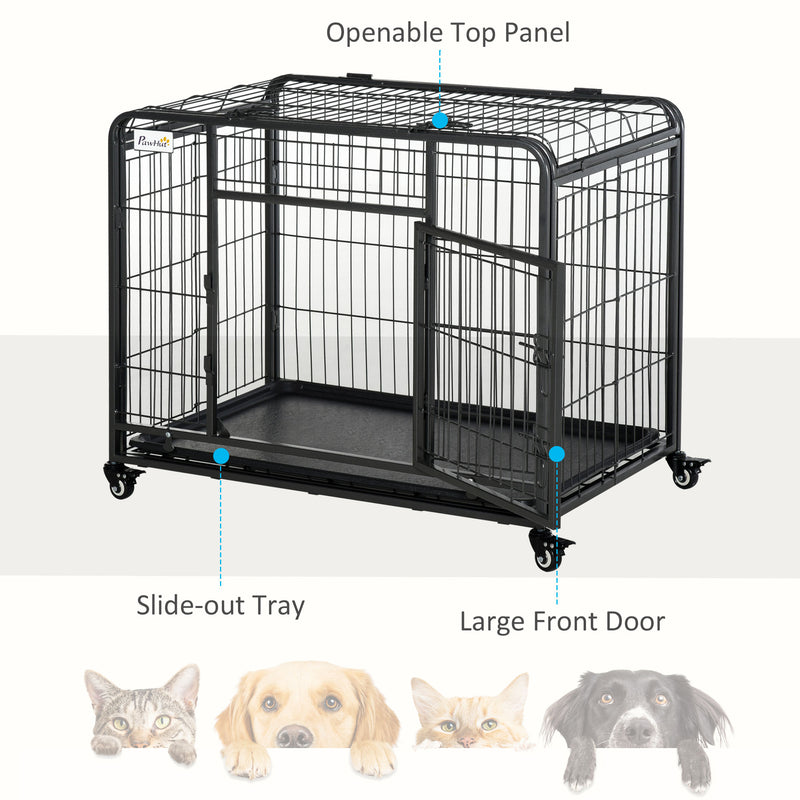 PawHut 69.5x94cm Metal Dog Cage Kennel w/ Locking Door & Wheels Medium Pets