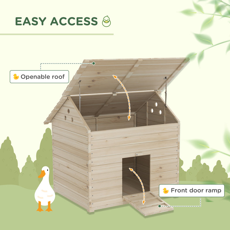 PawHut Wooden Duck House w/ Openable Roof, Raised Base, Air Holes - Natural