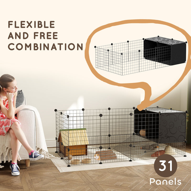 PawHut DIY Small Animal Cage w/ Elevated Huts for Guinea Pigs, Rabbits