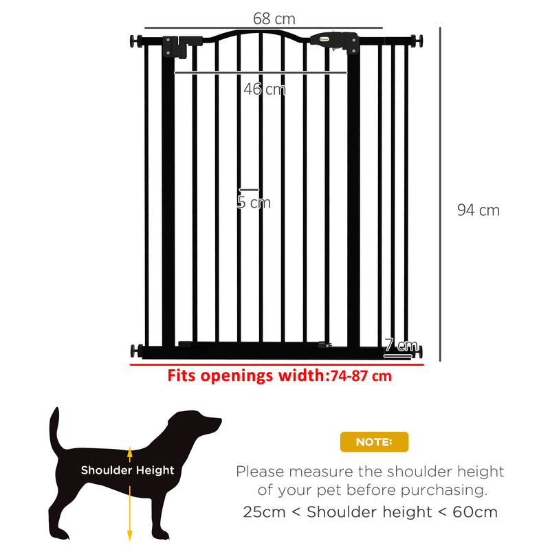 PawHut 74-87cm Adjustable Metal Pet Gate Safety Barrier w/ Auto-Close Door Black