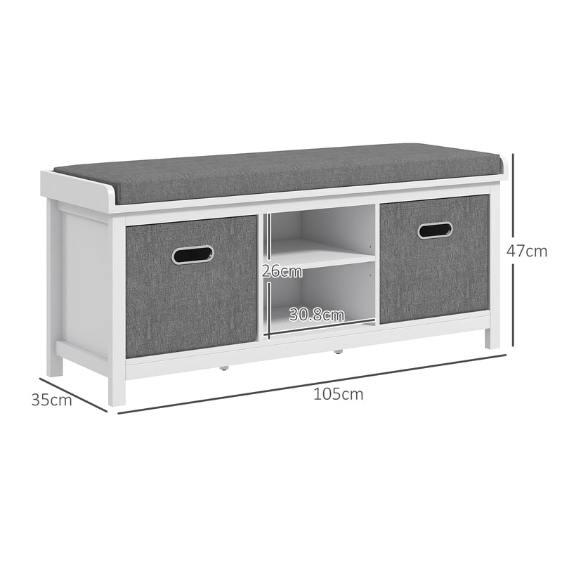 HOMCOM Shoe Bench with Cushioned Seat Fabric Drawers for Entryway Hallway White