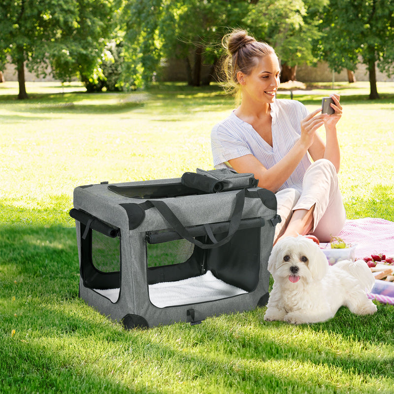 PawHut Folding Pet Carrier Bag House W/ Cushion Storage, Grey 70x51x50cm