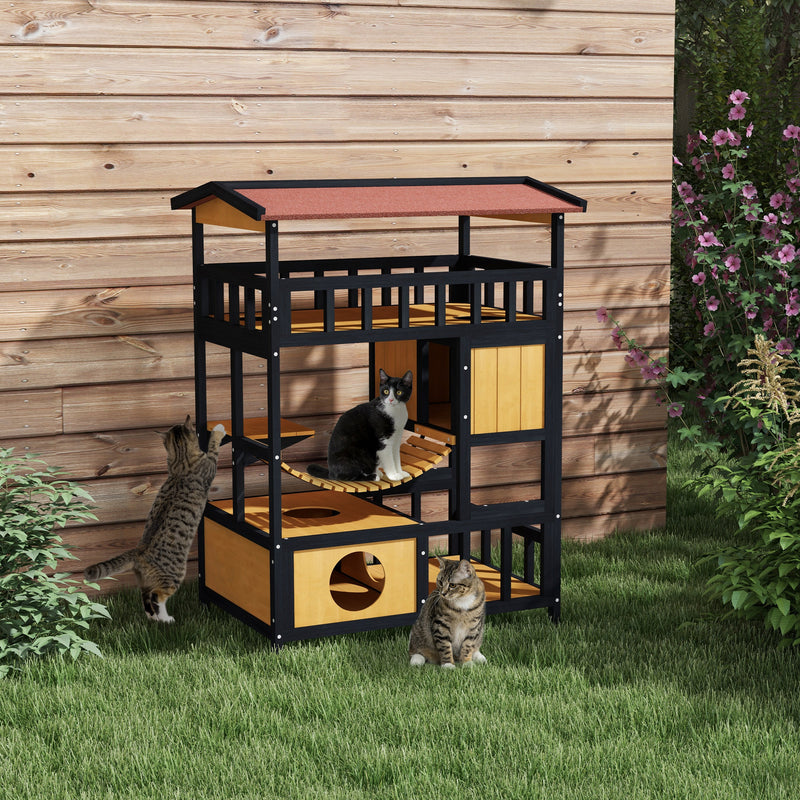 PawHut Outdoor Cat House w/ Suspension Bridge, Houses, Balcony