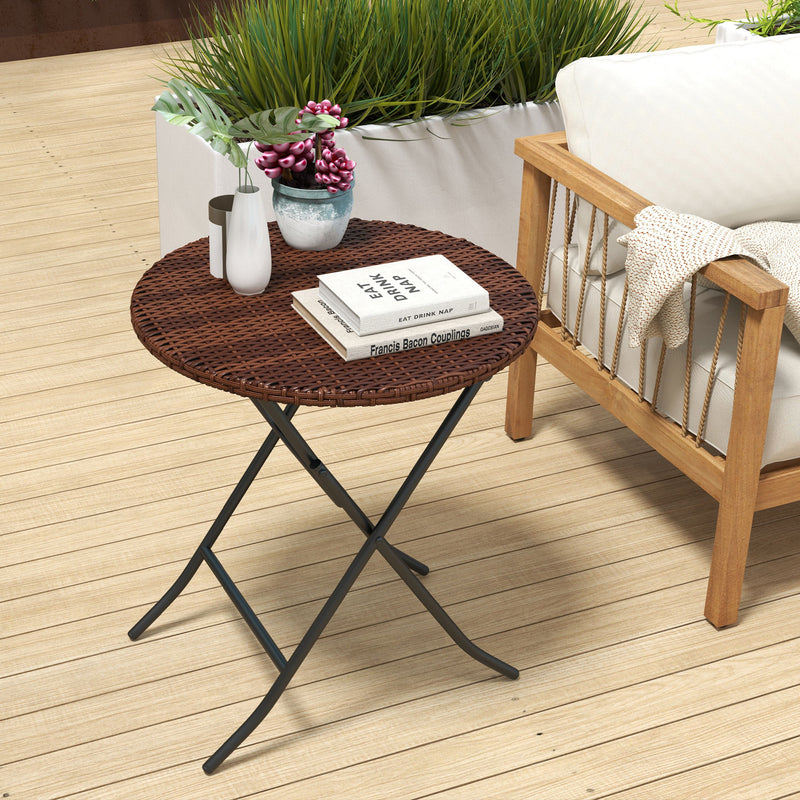 Outsunny Foldable Outdoor Coffee Table, Metal Frame Rattan Side Table, Brown