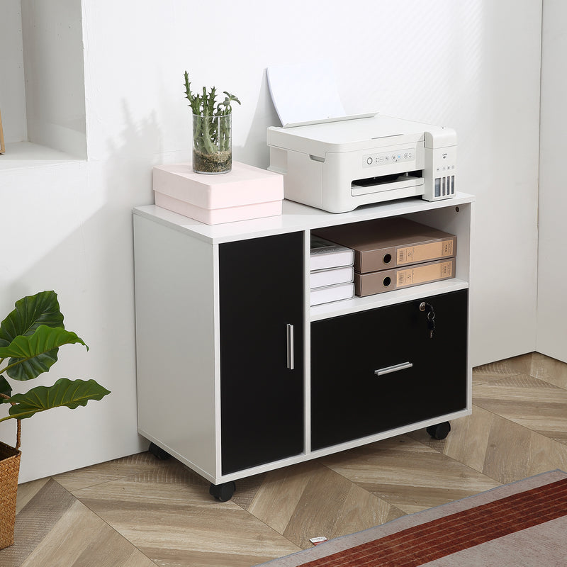 HOMCOM Mobile Office File Cabinet Printer Table with Lockable Drawer and Shelf