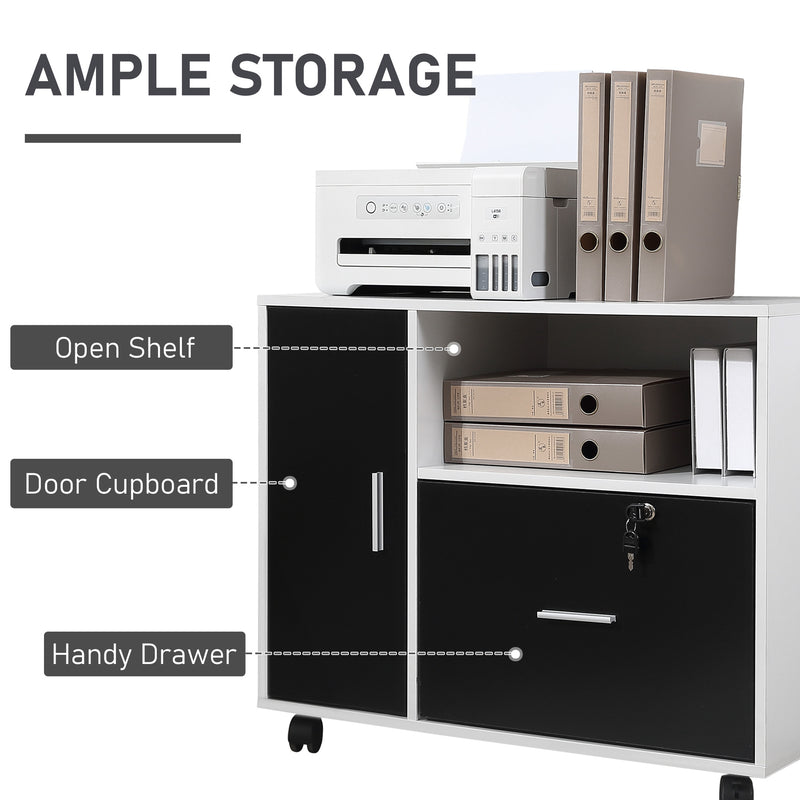 HOMCOM Mobile Office File Cabinet Printer Table with Lockable Drawer and Shelf