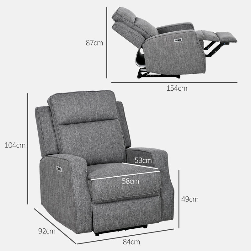 HOMCOM Electric Armchair, Fabric Recliner Chair with USB Port, Charcoal Grey