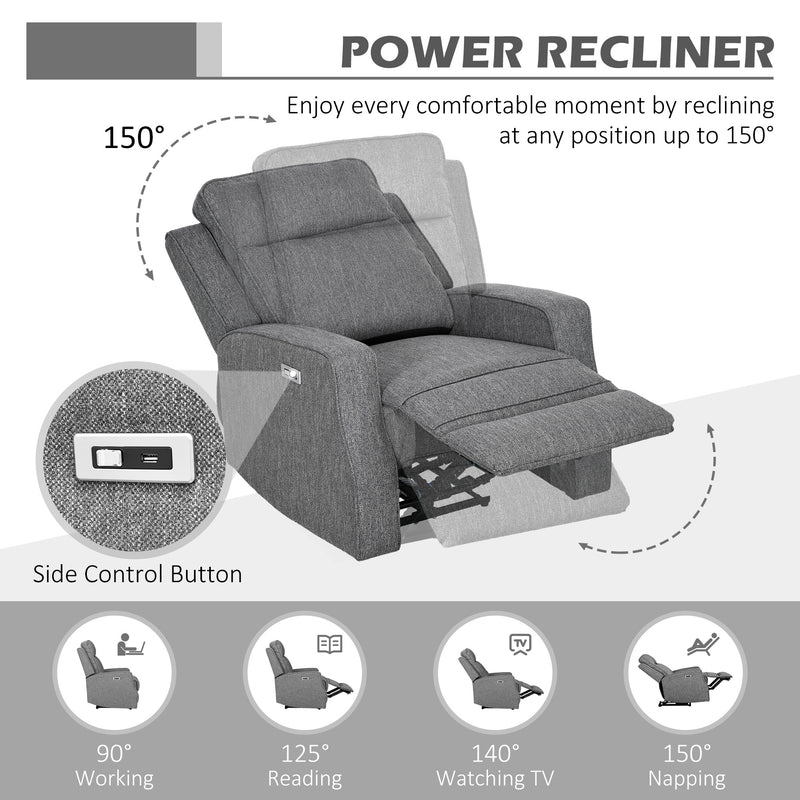 HOMCOM Electric Armchair, Fabric Recliner Chair with USB Port, Charcoal Grey