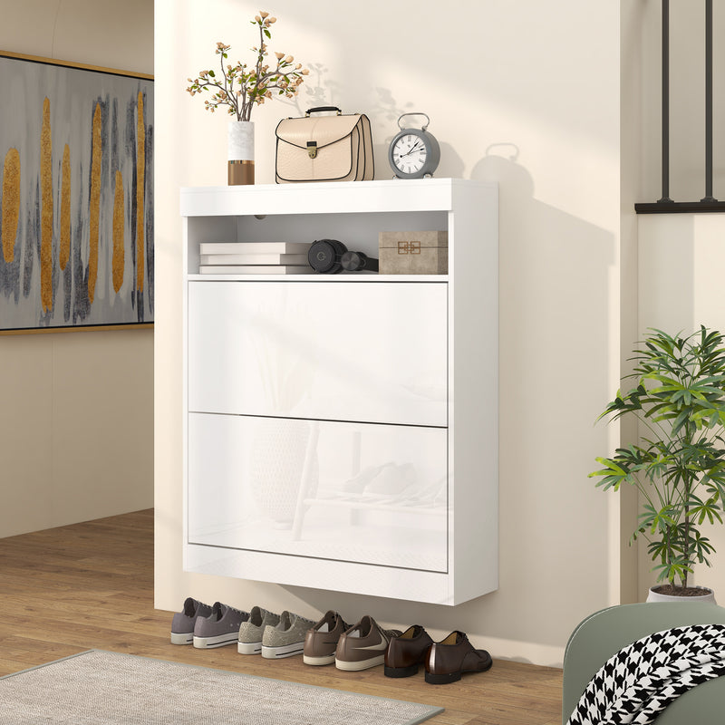 HOMCOM Wall Mounted or Freestanding Shoe Cabinet with 2 Flip Drawers, White