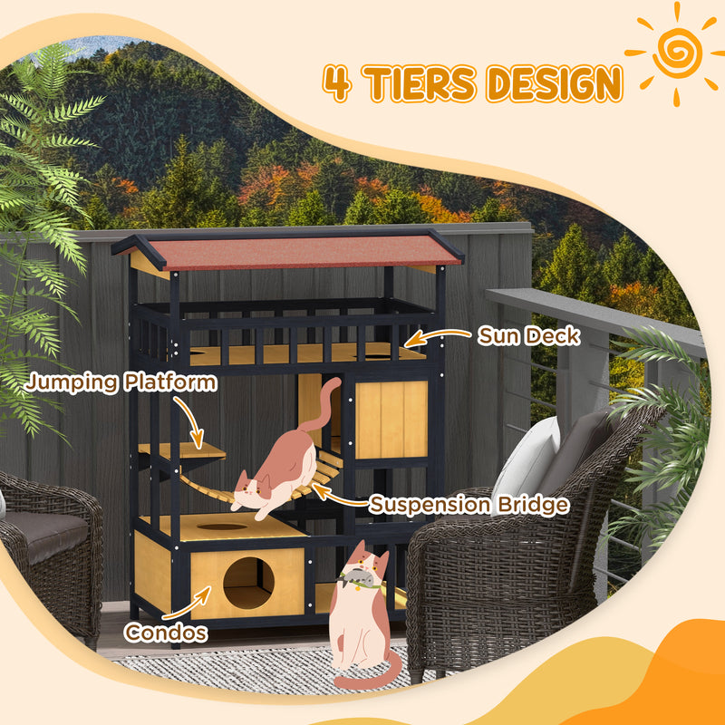 PawHut Outdoor Cat House w/ Suspension Bridge, Houses, Balcony