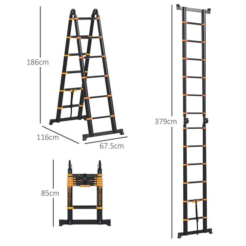 HOMCOM 3.8M Duo Aluminium Ladder Tool Holder Herringbone Deployed, Yellow