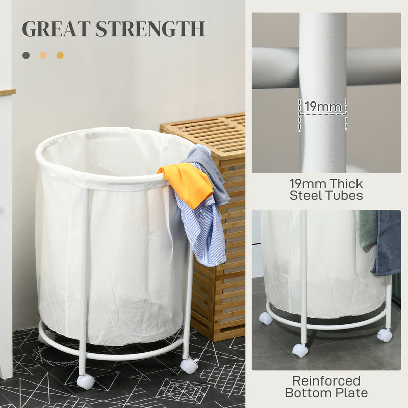 HOMCOM 100L Round Laundry Hamper with Wheels for Bedroom Bathroom Cream White