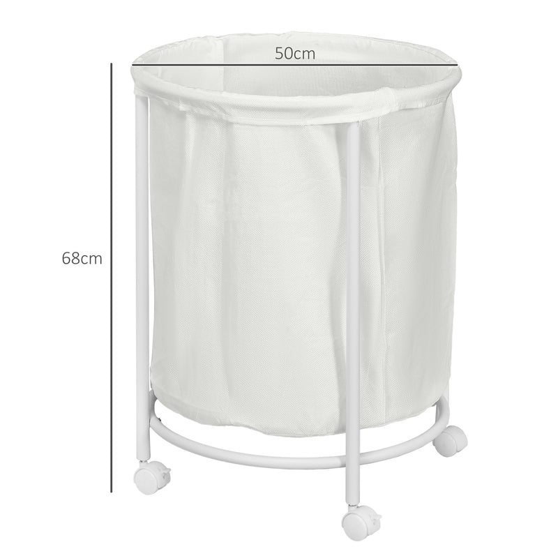 HOMCOM 100L Round Laundry Hamper with Wheels for Bedroom Bathroom Cream White