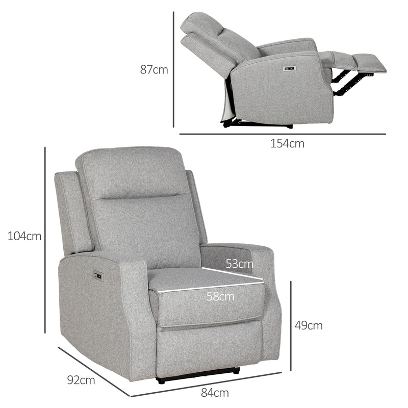 HOMCOM Electric Armchair, Fabric Recliner Chair with USB Port, Grey