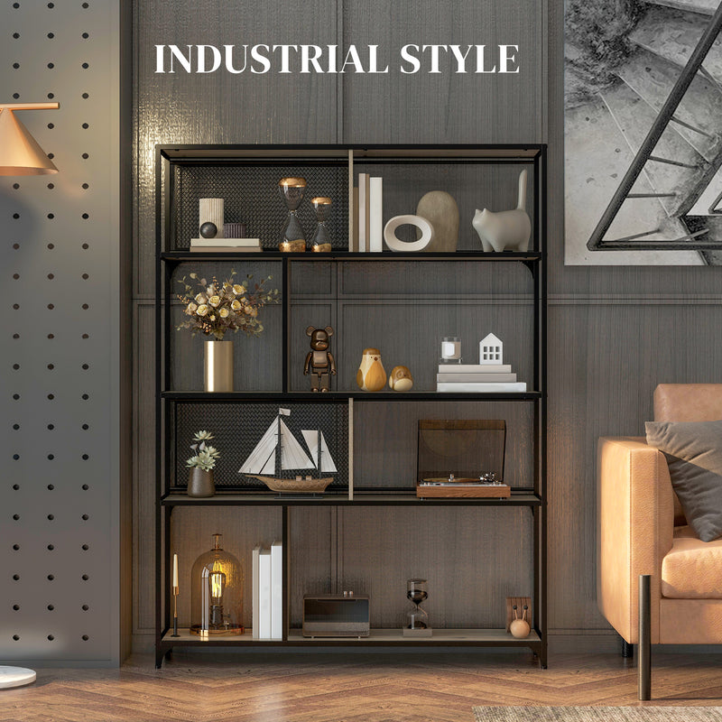 HOMCOM Industrial 5 Tier Book Shelf with Sliding Mesh Doors, for Living Room