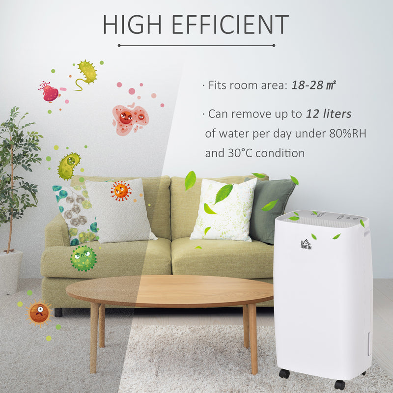 HOMCOM 12L/Day 2500ml Dehumidifier for Home with 24H Timer and 2 Speed Modes