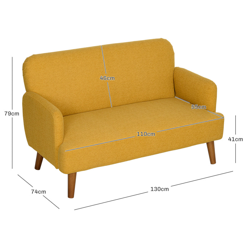 HOMCOM Yellow 2 Seater Sofa with 21cm Thick Padding and Wood Legs