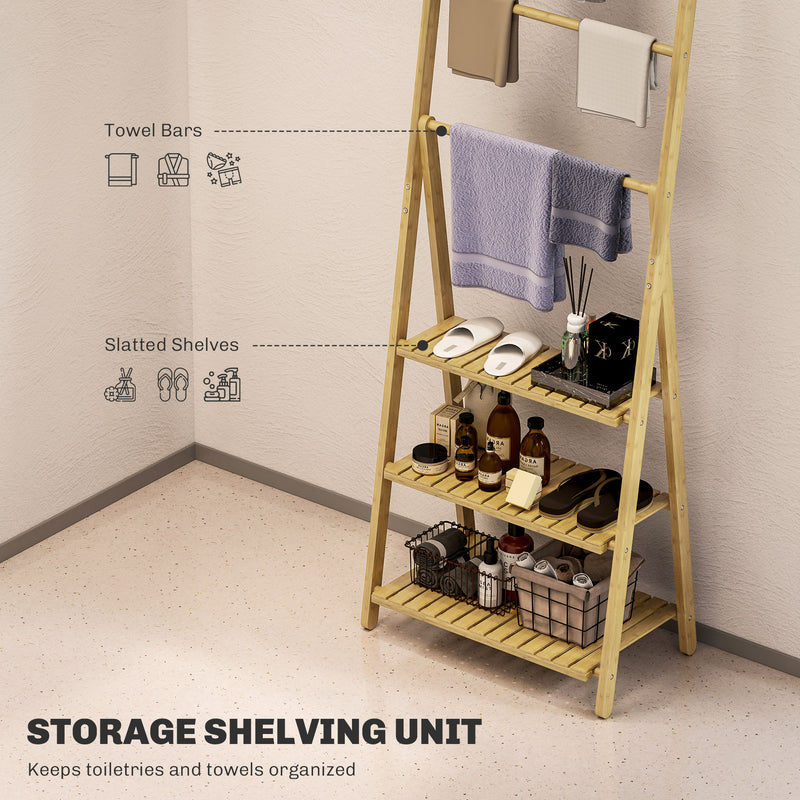 HOMCOM 3-Tier Folding Bamboo Bathroom Storage Shelving Unit with Towel Bars