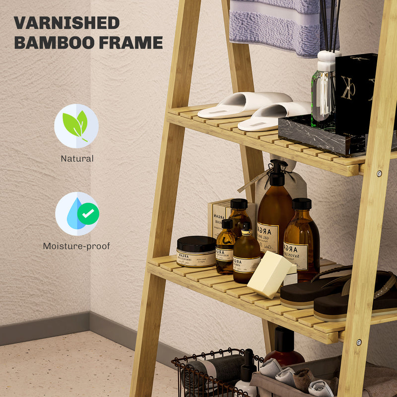 HOMCOM 3-Tier Folding Bamboo Bathroom Storage Shelving Unit with Towel Bars