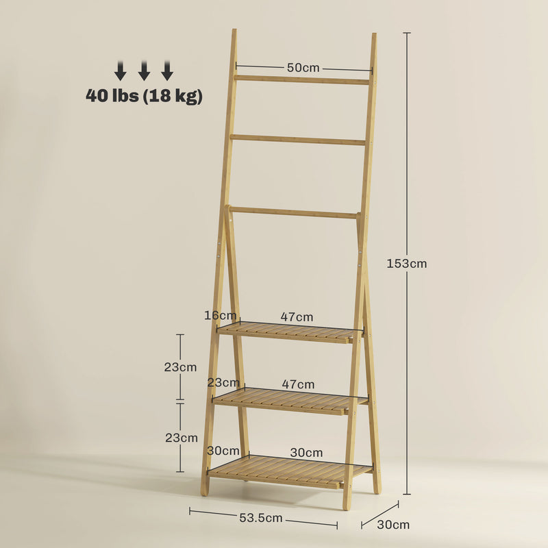 HOMCOM 3-Tier Folding Bamboo Bathroom Storage Shelving Unit with Towel Bars