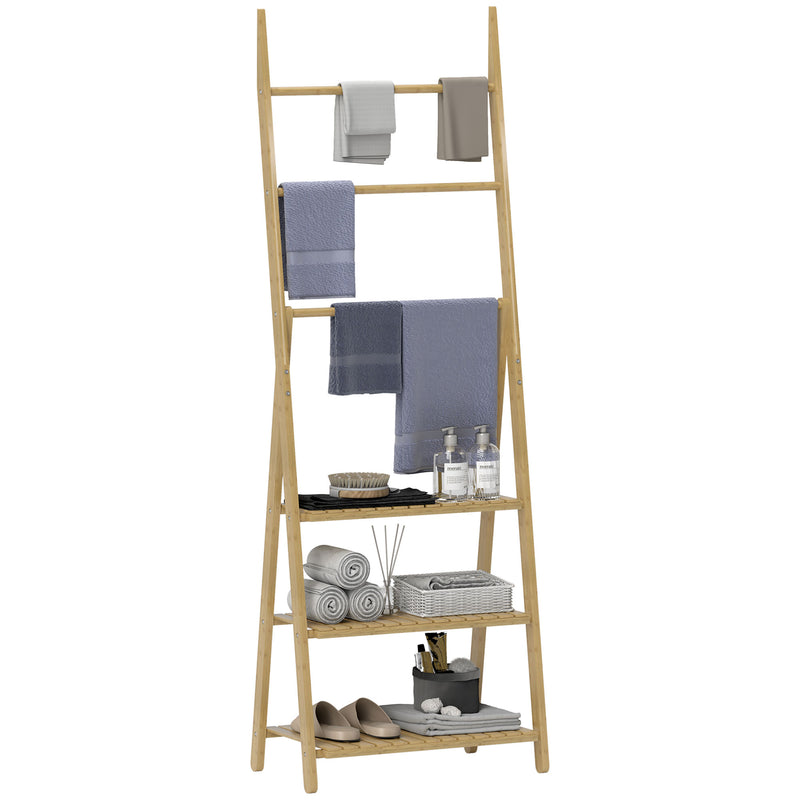 HOMCOM 3-Tier Folding Bamboo Bathroom Storage Shelving Unit with Towel Bars