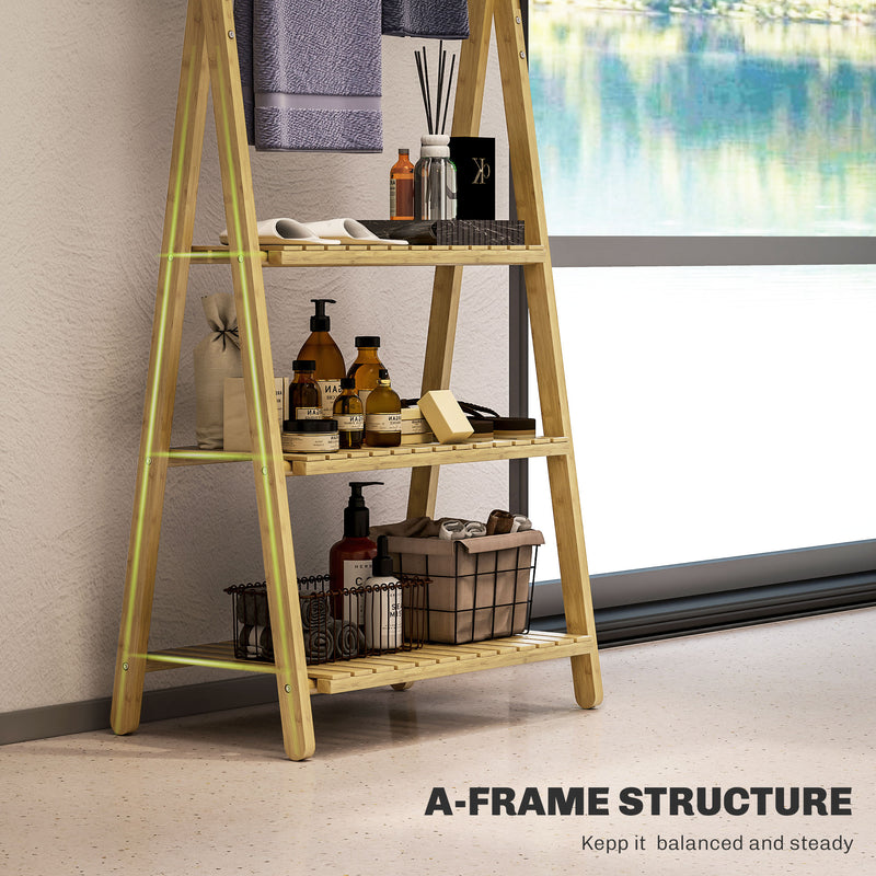 HOMCOM 3-Tier Folding Bamboo Bathroom Storage Shelving Unit with Towel Bars