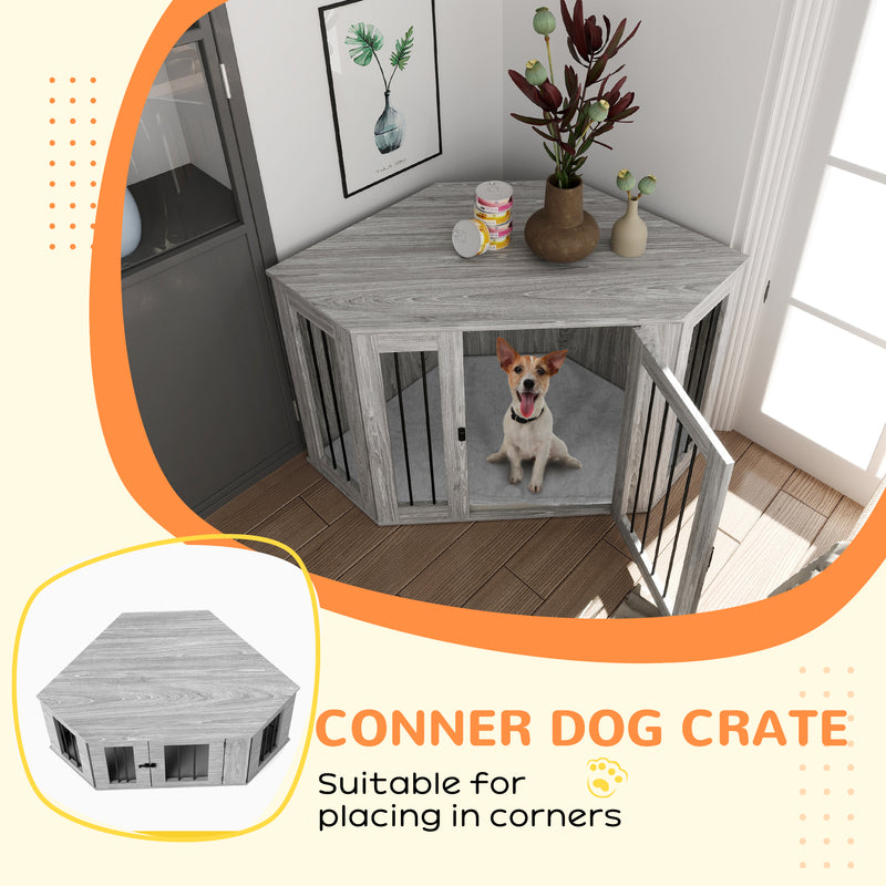 PawHut Dog Crate Furniture for Large Dogs w/ Cushion, Door - Grey