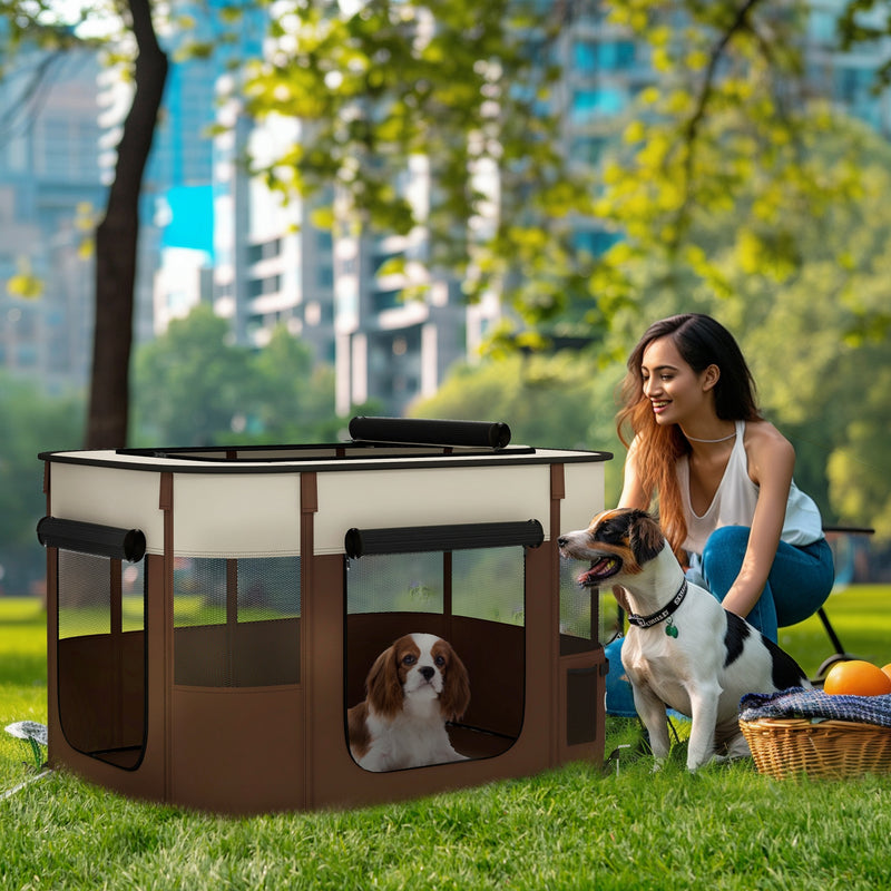 PawHut Portable Dog Pen for Puppies, Rabbits, Kittens, Guinea Pigs - Brown