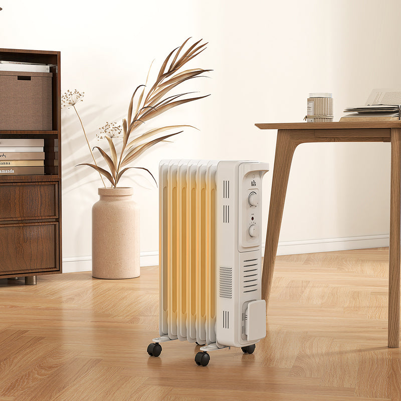 7 Fin Portable Oil Filled Radiator, Electric Heater with Safety Cut Off, White