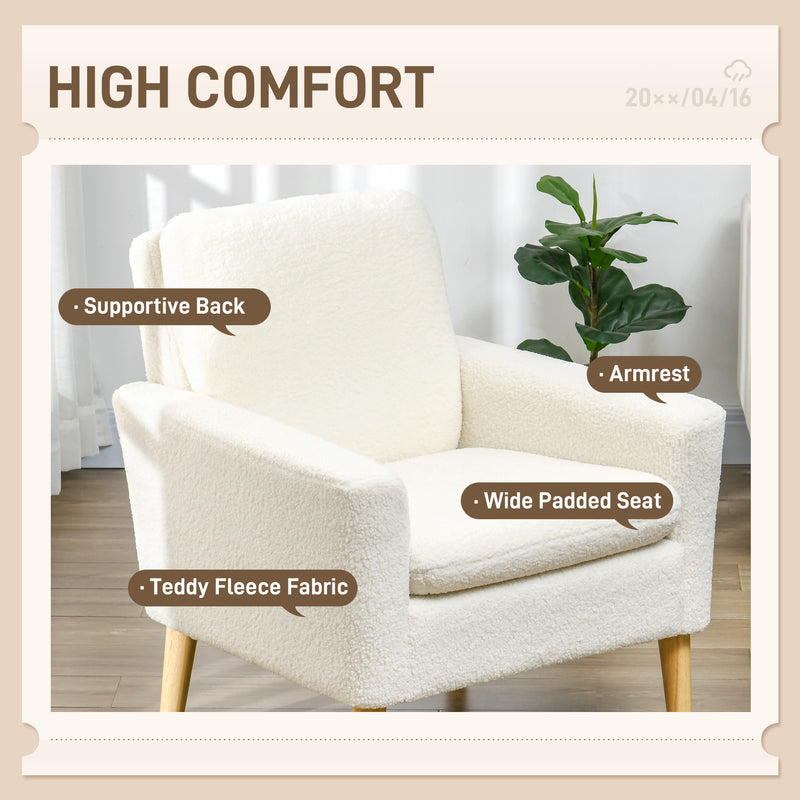 HOMCOM Modern Accent Chair with Wood Legs, Wide Seat, Teddy Armchair, Cream