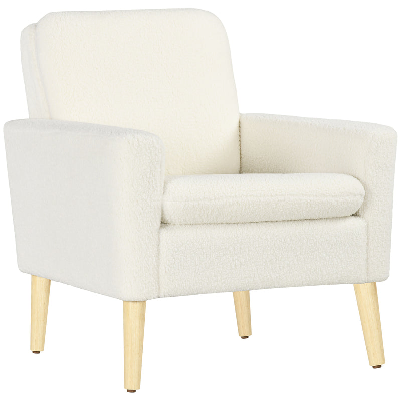 HOMCOM Modern Accent Chair with Wood Legs, Wide Seat, Teddy Armchair, Cream