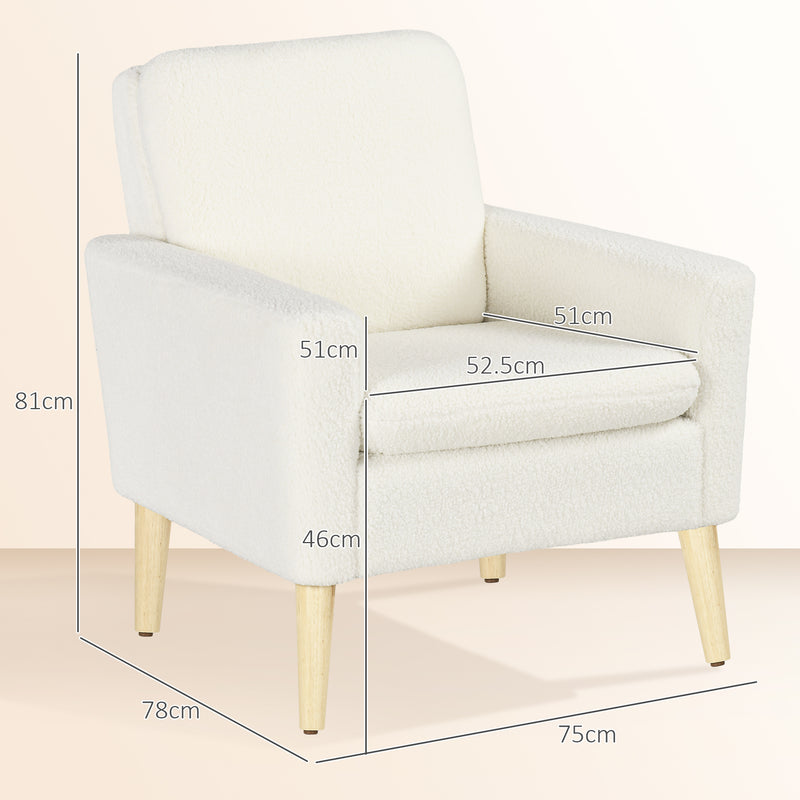 HOMCOM Modern Accent Chair with Wood Legs, Wide Seat, Teddy Armchair, Cream